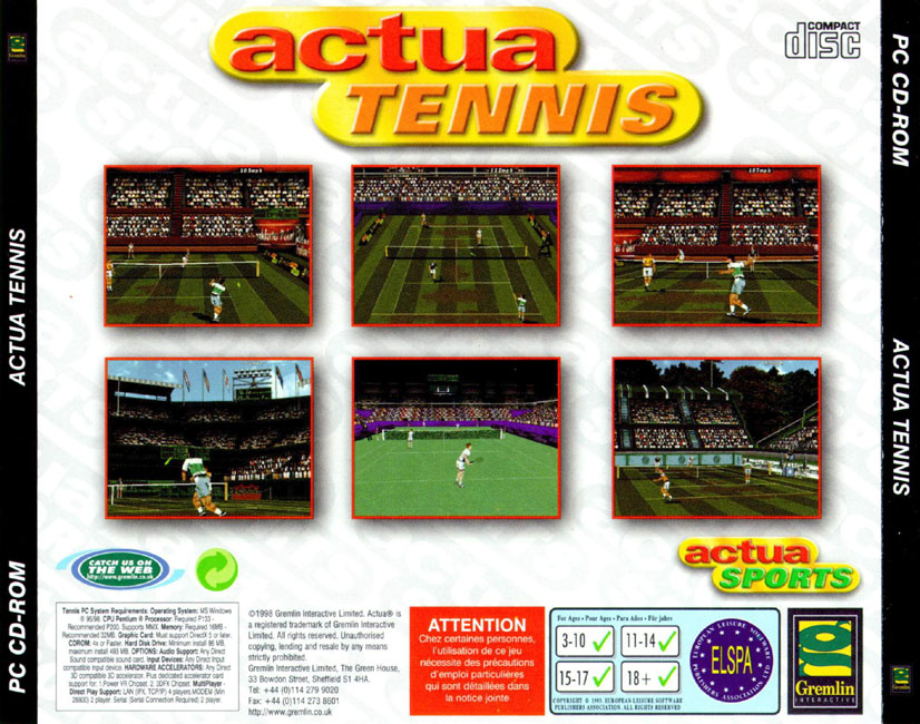 Actua Tennis - zadn CD obal