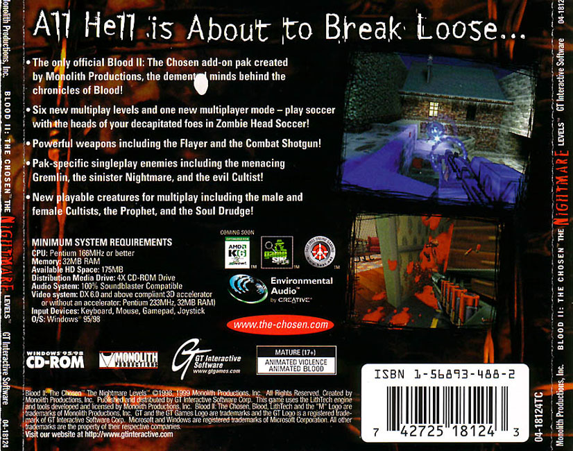 Blood 2: The Chosen - The Nightmare Levels - zadn CD obal