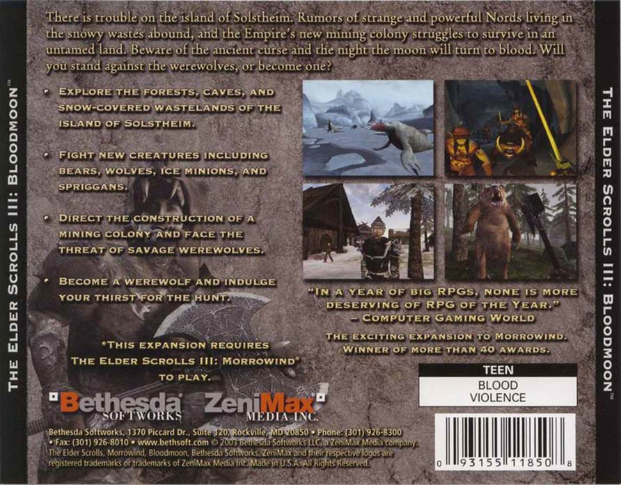 The Elder Scrolls 3: Bloodmoon - zadn CD obal