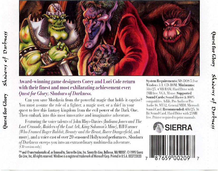 Quest for Glory 4: Shadows of Darkness - zadn CD obal