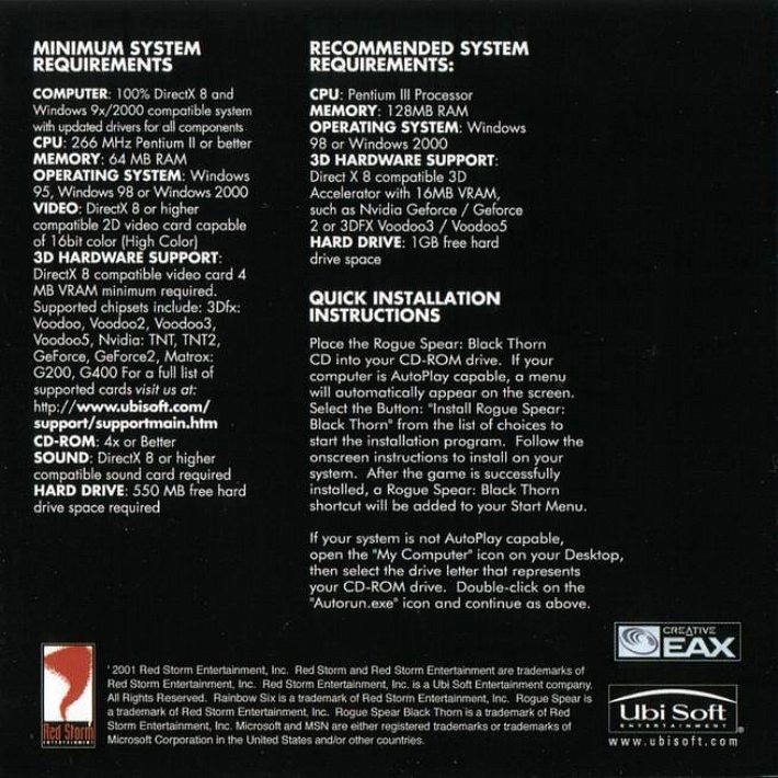 Rainbow Six: Rogue Spear Black Thorn - pedn vnitn CD obal